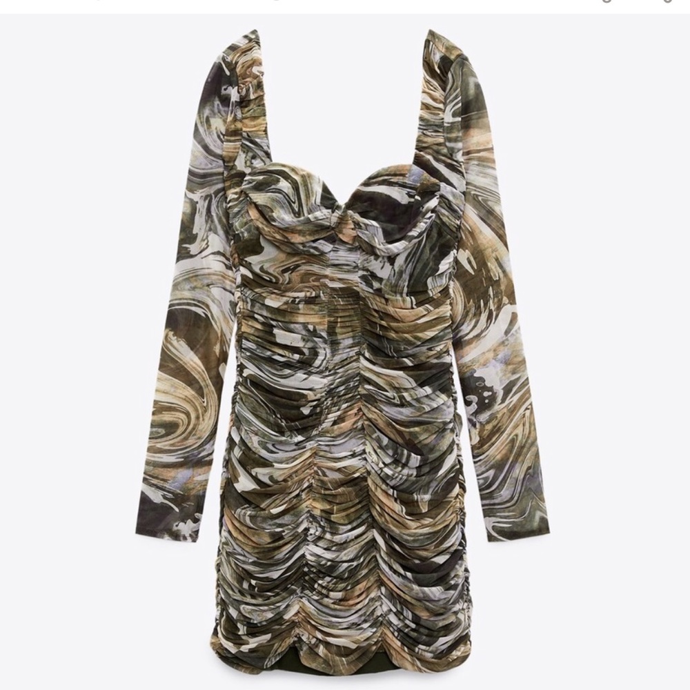ZARA DRAPED TULLE MINI DRESS Marble Green XXL